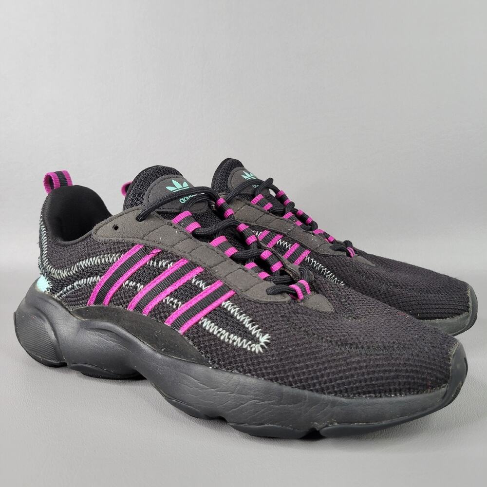 Adidas Womens Haiwee Running Sneaker Shoe Lace Up Black 3 Stripes Pink Size 7